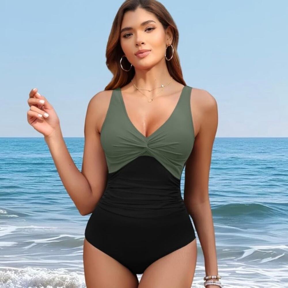 Holipick Women One Piece Swimsuit M Green Black Tummy Control Twist Front NWT